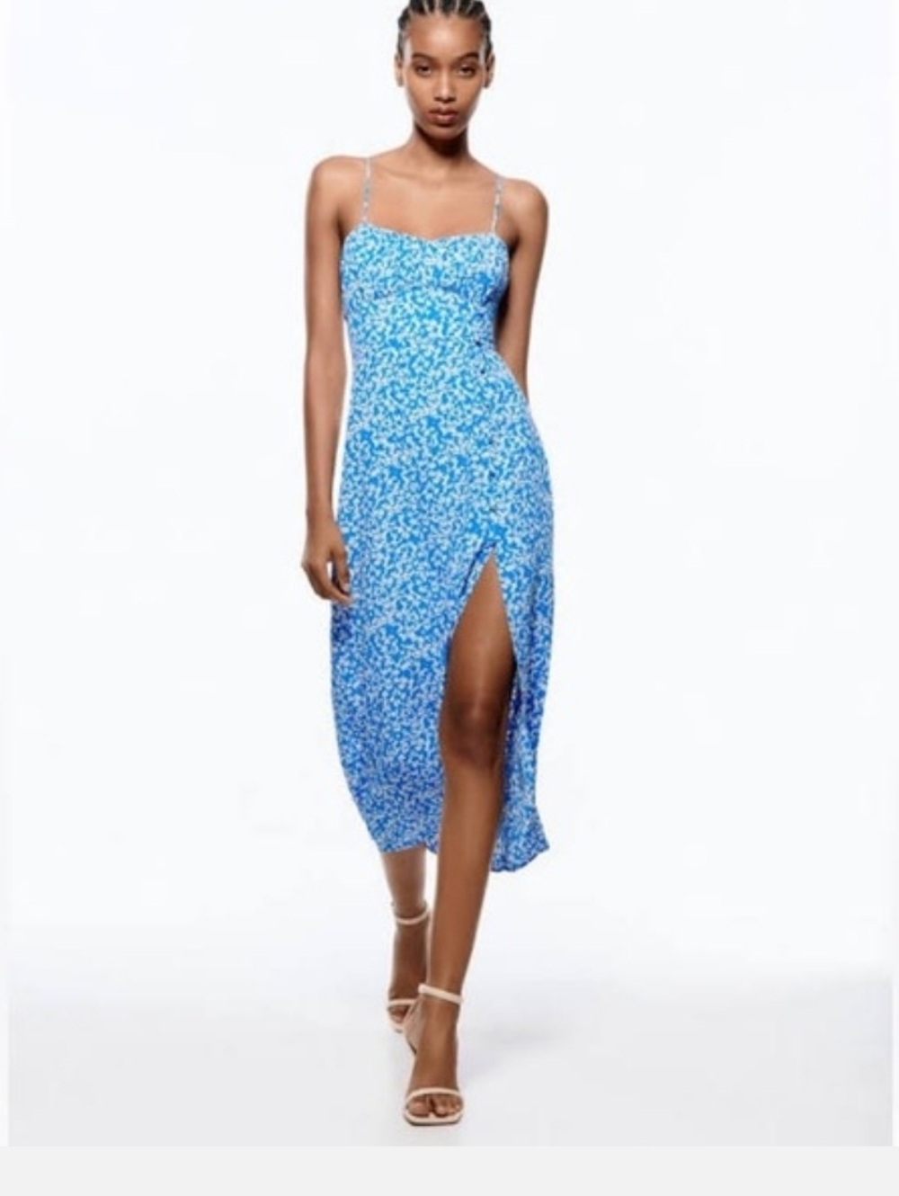 ZARA Blue Floral Midi Dress XS Side Slit Strappy Summer Bodycon NWT